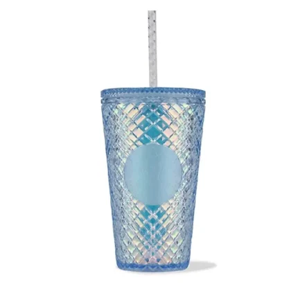 خرید لیوان پلاستیکی براق آبی استارباکس با نی 473 میلی‌لیتر
